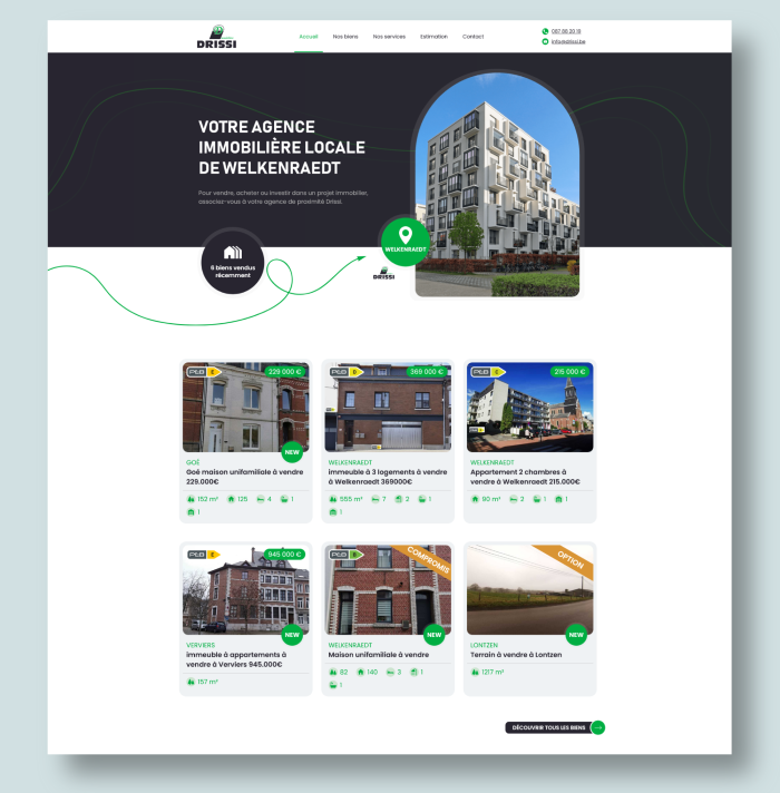 Mockup du site internet de l'agence immobilière Drissi à Welkenraedt